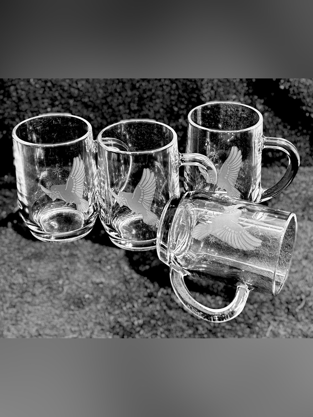 Vtg Arcoroc France Christmas Mugs Etched Peace Doves 8oz Set 4 Clear Glass Cups